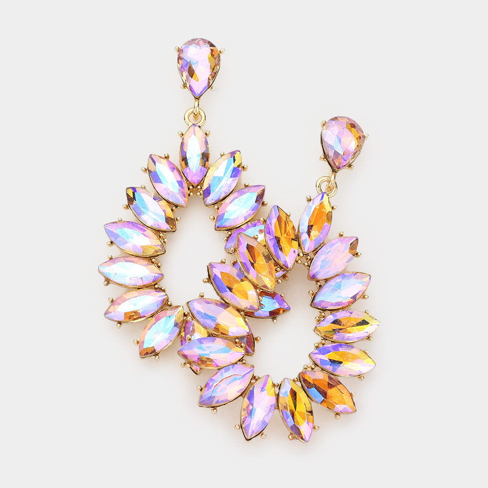 Pink AB Marquise Stone Cluster Open Teardrop Dangle Pageant Earrings