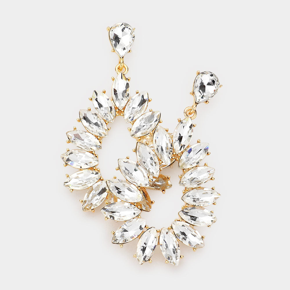 Clear Marquise Stone Cluster Open Teardrop Dangle Pageant Earrings on Gold