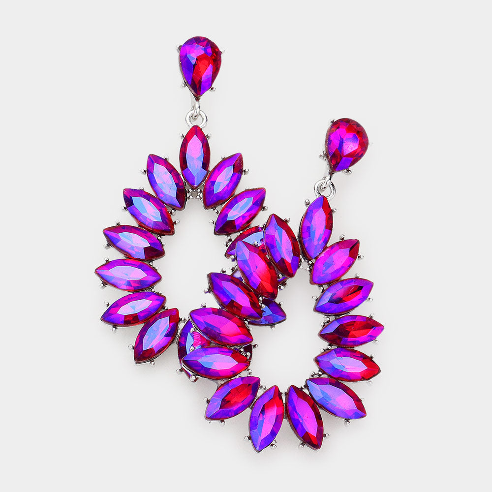 Red AB Marquise Stone Cluster Open Teardrop Dangle Pageant Earrings on Silver