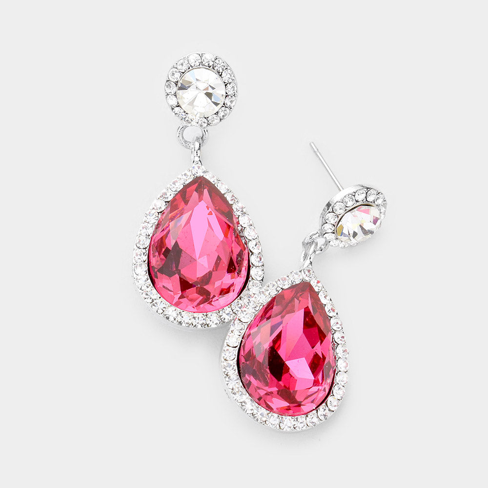 Small Fuchsia Crystal And Rhinestone Trimmed Dangle Earrings