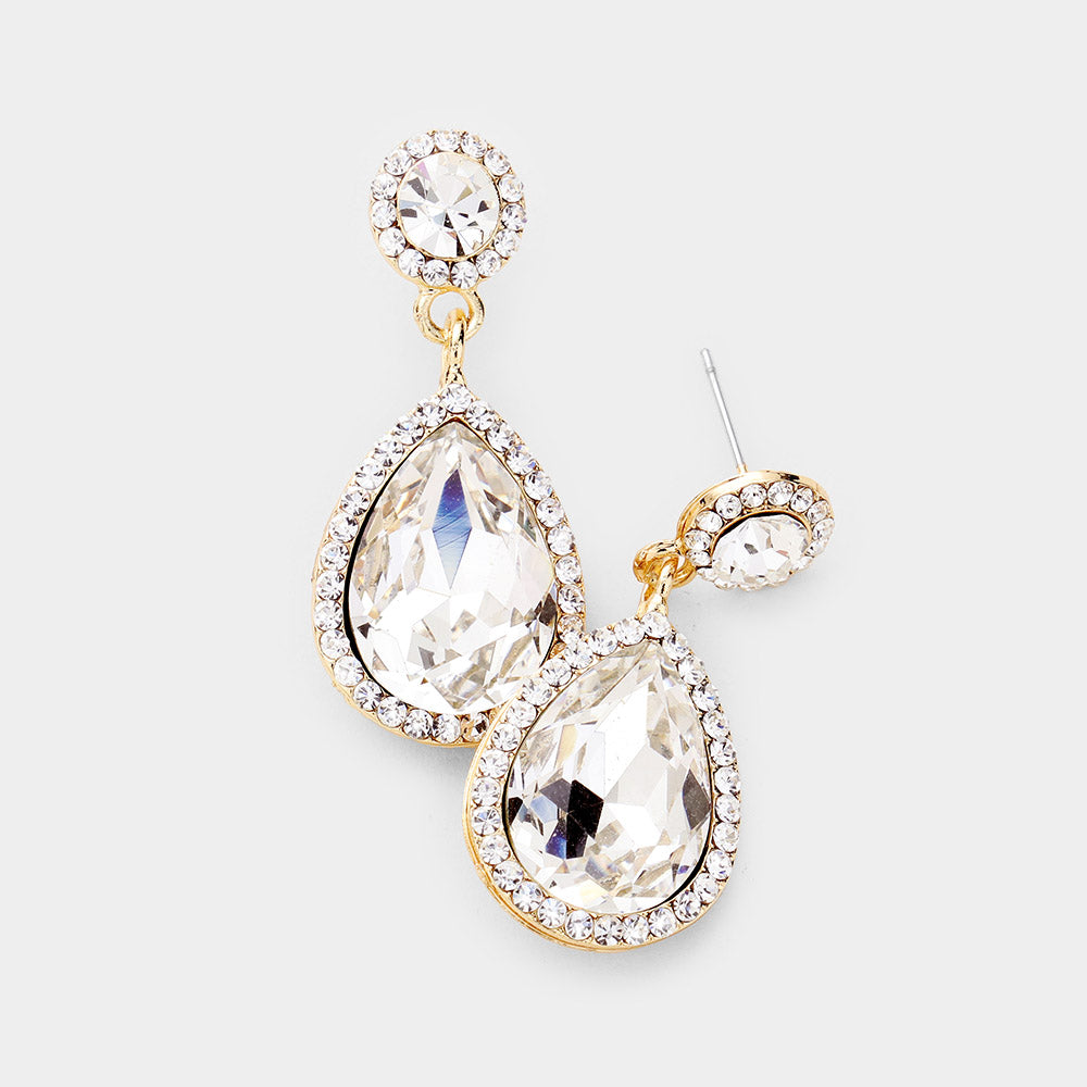 Small Clear Crystal And Rhinestone Trimmed Dangle Earrings on Gold