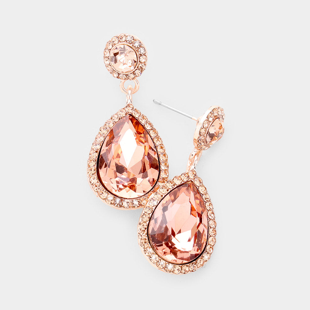 Small Peach Crystal And Rhinestone Trimmed Dangle Earrings on Rose Gold