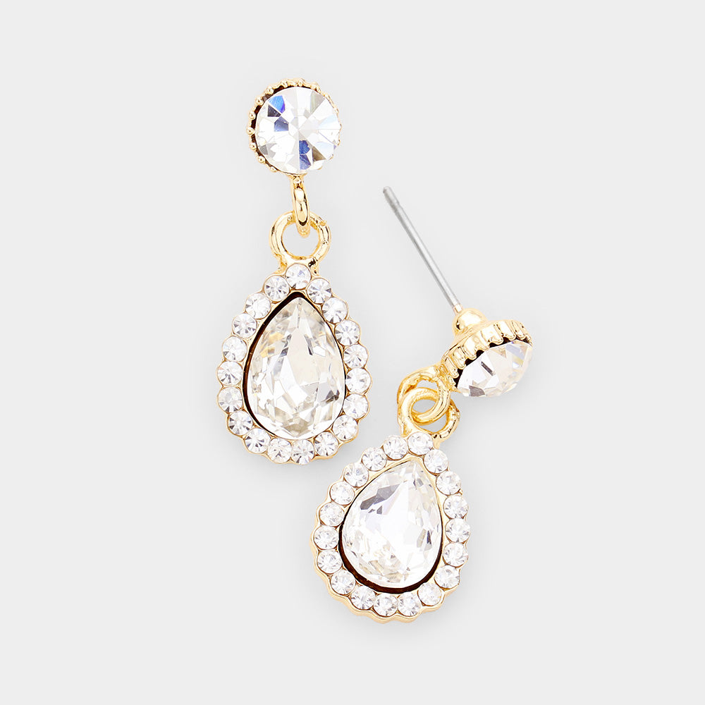 Small Clear Crystal Rhinestone Pageant Earrings on Gold