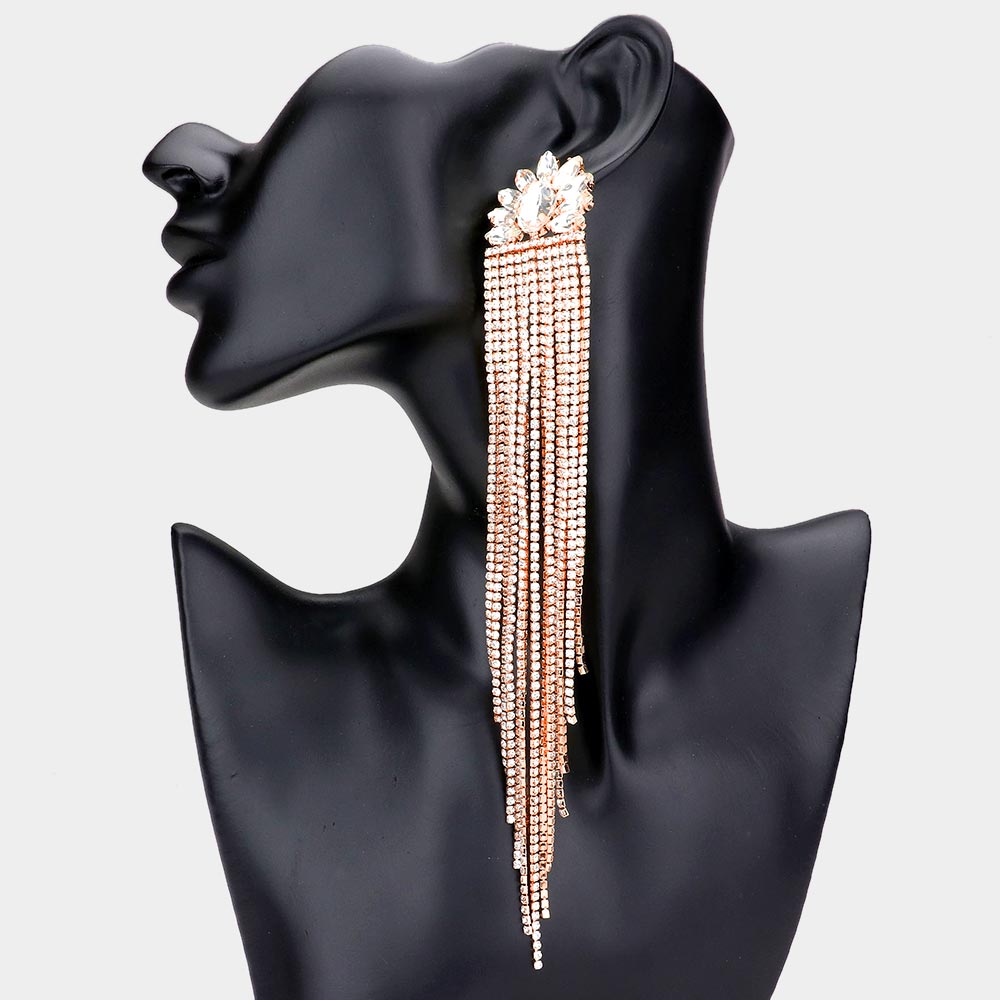 Very Long Clear Marquise Stone Embellished Rhinestone Fringe Pageant Earrings on Rose Gold
