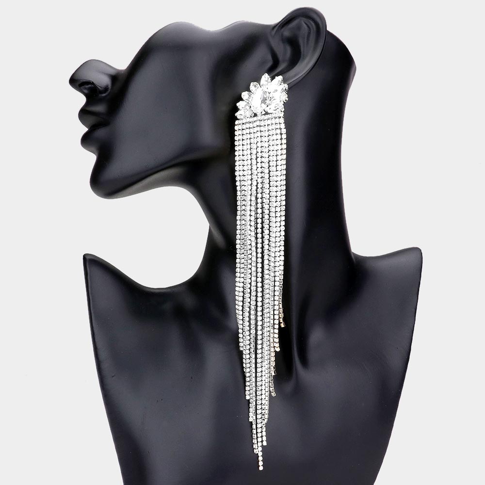 Very Long Clear Marquise Stone Embellished Rhinestone Fringe Pageant Earrings