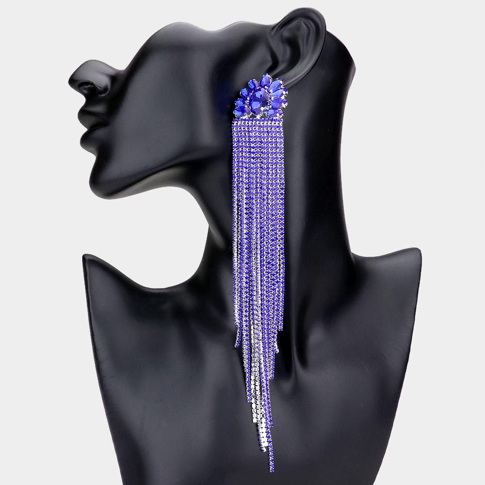 Very Long Sapphire Marquise Stone Embellished Rhinestone Fringe Pageant Earrings 