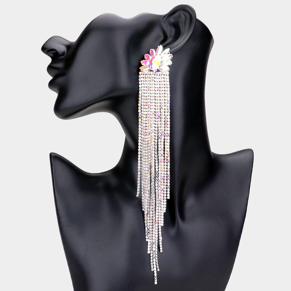 Very Long AB Marquise Stone Embellished Rhinestone Fringe Pageant Earrings