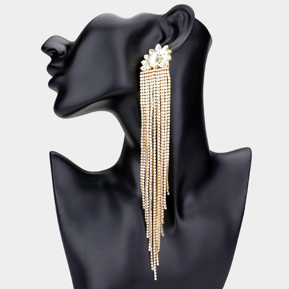 Very Long Clear Marquise Stone Embellished Rhinestone Fringe Pageant Earrings on Gold