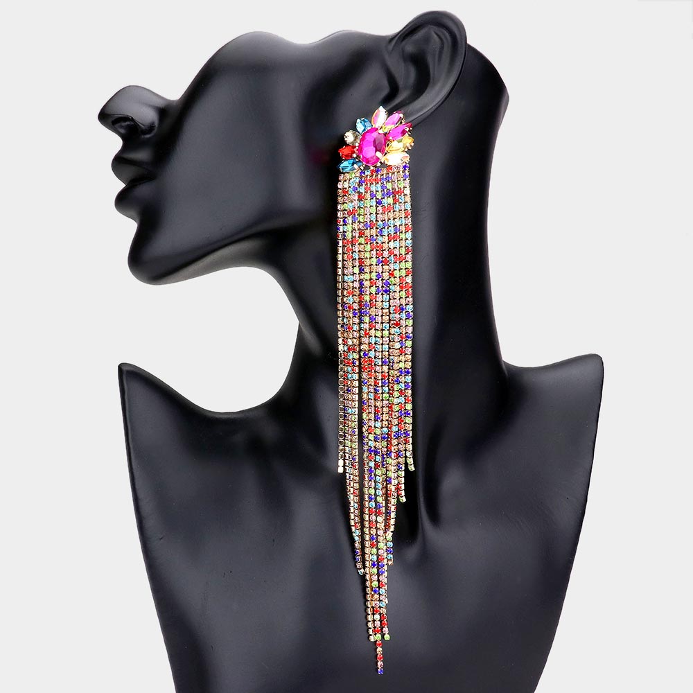 Very Long Multi-Color Marquise Stone Embellished Rhinestone Fringe Pageant Earrings 
