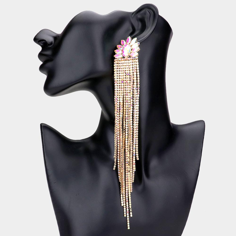 Very Long AB Marquise Stone Embellished Rhinestone Fringe Pageant Earrings on Gold