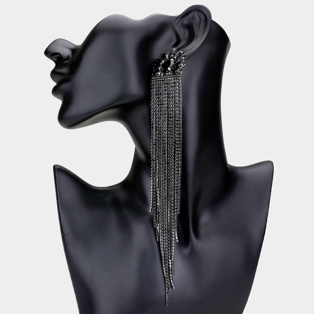 Very Long Black Marquise Stone Embellished Rhinestone Fringe Pageant Earrings 
