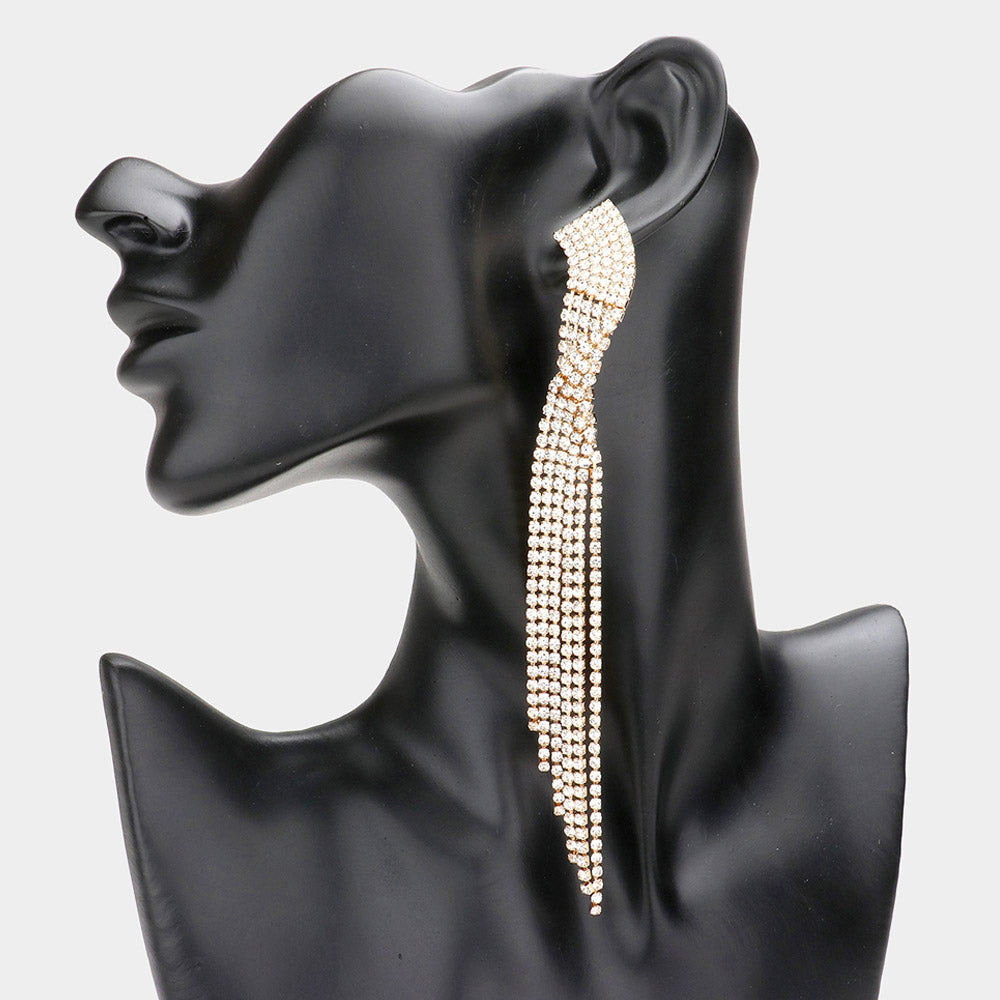 Clear on Gold Twisted Rhinestone Fringe Pageant Earrings | Prom Jewelry