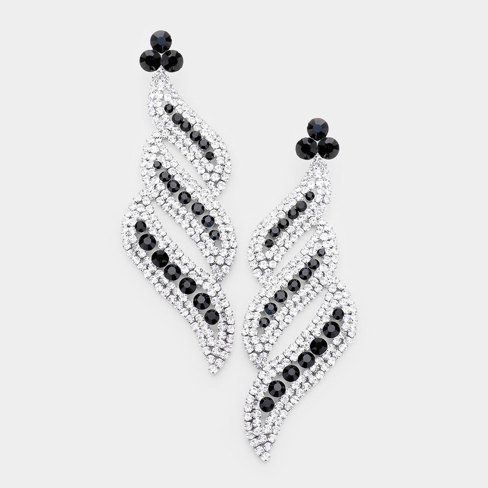 Long Black and Clear Rhinestone Statement Earrings 