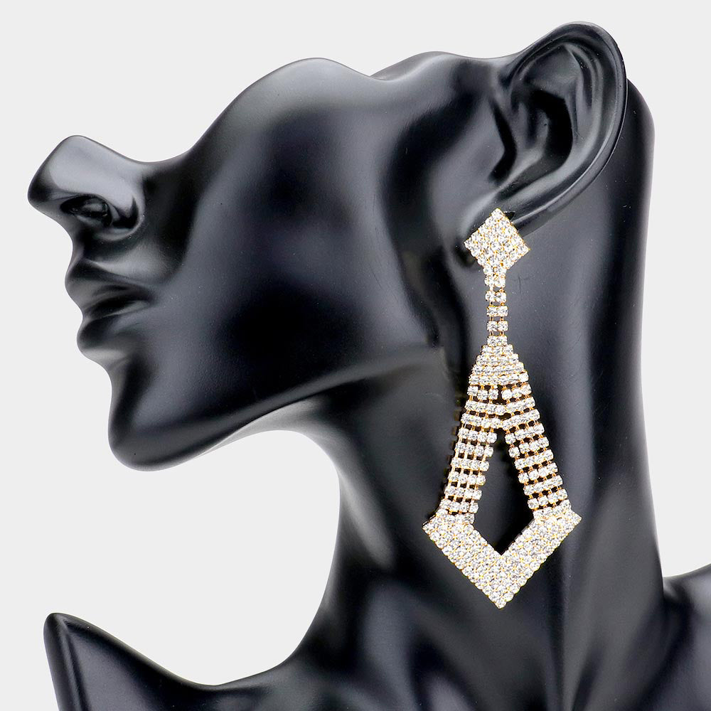 Long Angled Clear Rhinestone Pageant Earrings on Gold | Prom Earrings
