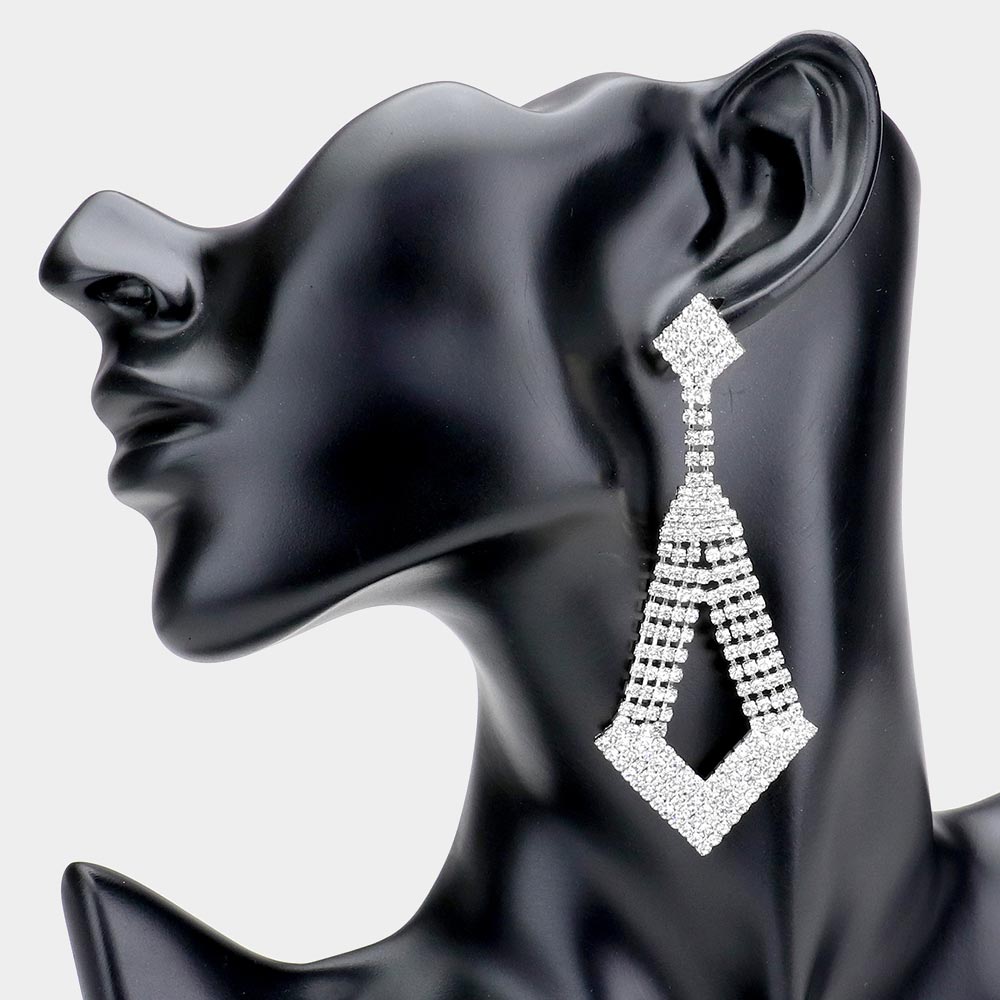 Long Angled Clear Rhinestone Pageant Earrings | Prom Earrings