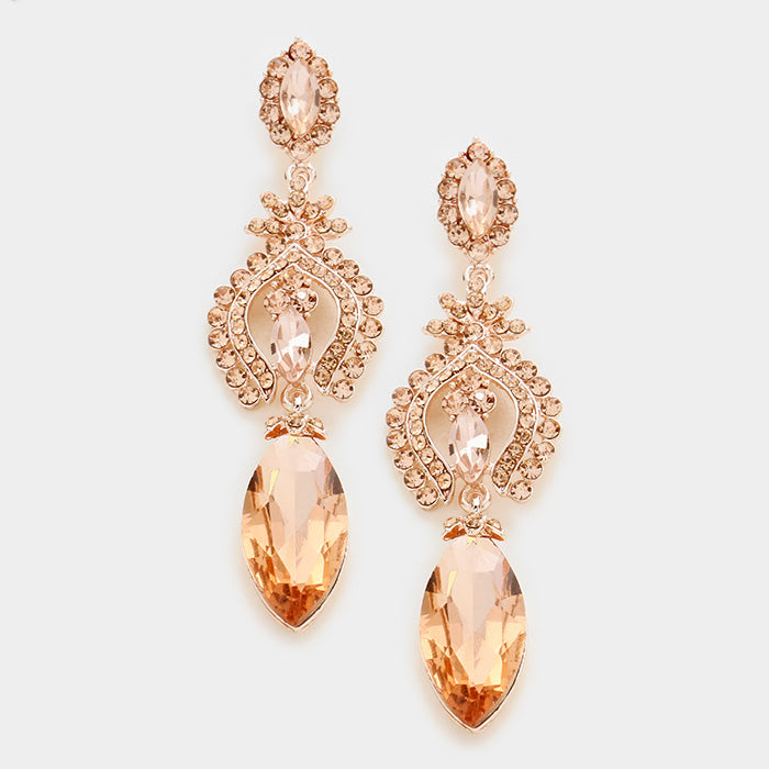 Peach Marquise glass crystal earrings on Rose Gold