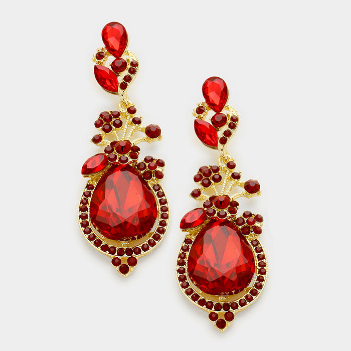 Dark Red Crystal Teardrop Vine Earrings on Gold| 339788