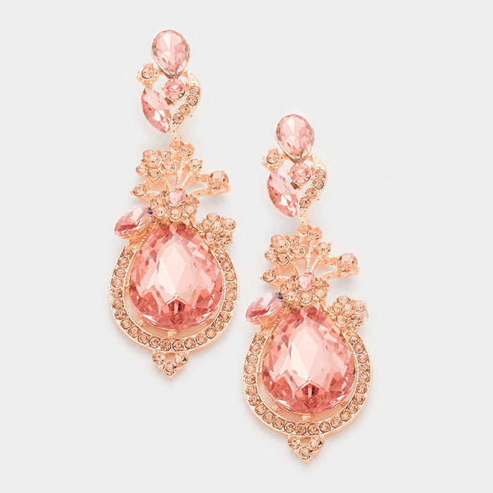 Peach Crystal teardrop vine earrings on Rose Gold