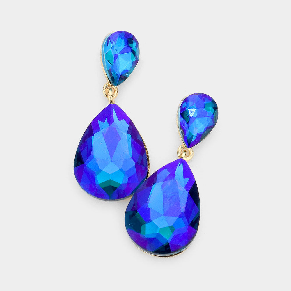 Little Girls Blue AB Double Crystal Teardrop Evening Earrings