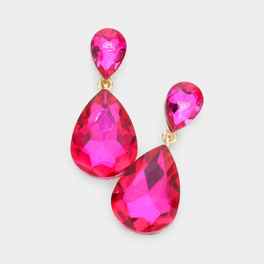 Little Girls Fuchsia Double Crystal Teardrop Evening Earrings