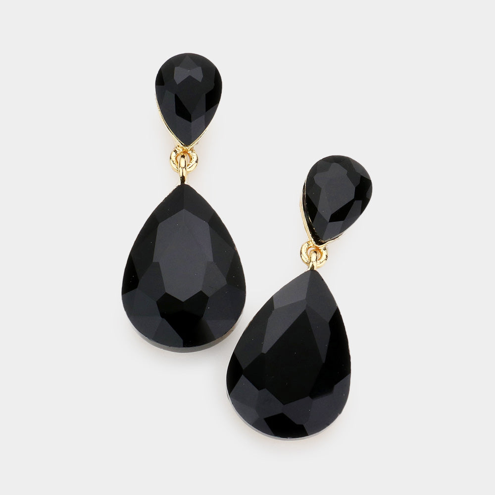 Little Girls Black Double Crystal Teardrop Evening Earrings