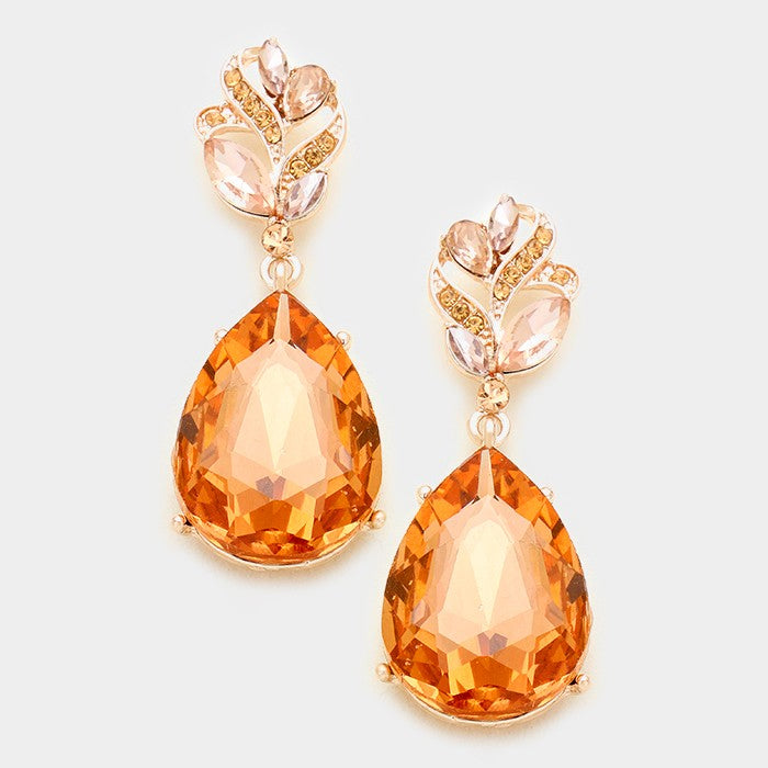 Peach Crystal Teardrop Earrings on Rose Gold