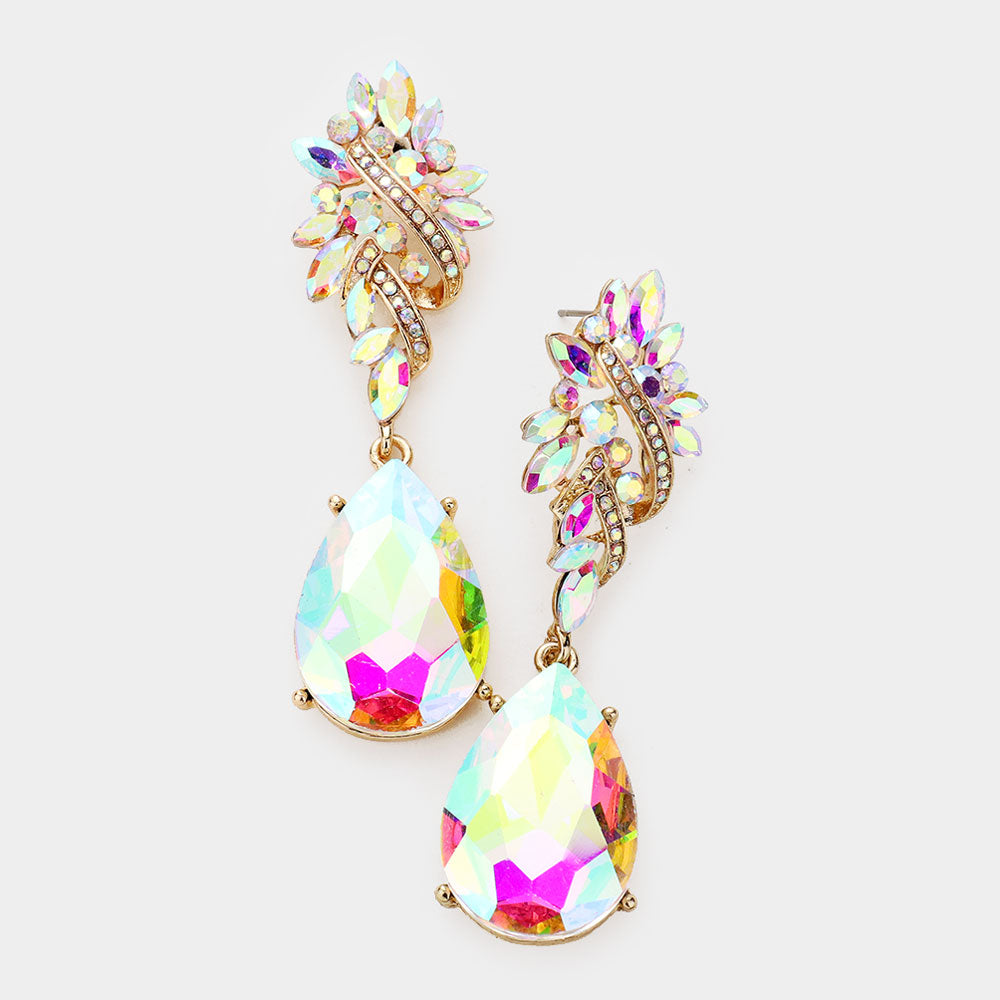 AB Crystal Teardrop Rhinestone Pageant Earrings on Gold | Homecoming Jewelry