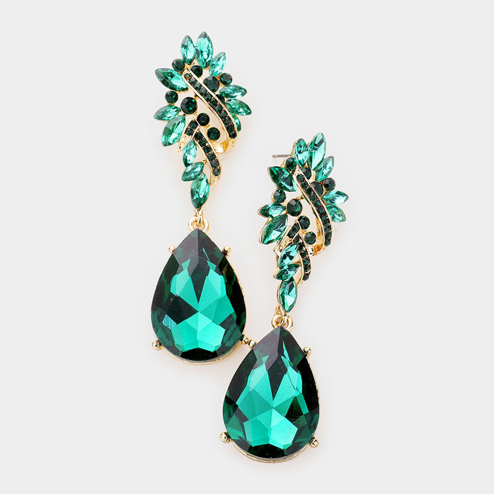 Emerald Crystal Teardrop Rhinestone Pageant Earrings on Gold| Homecoming Jewelry