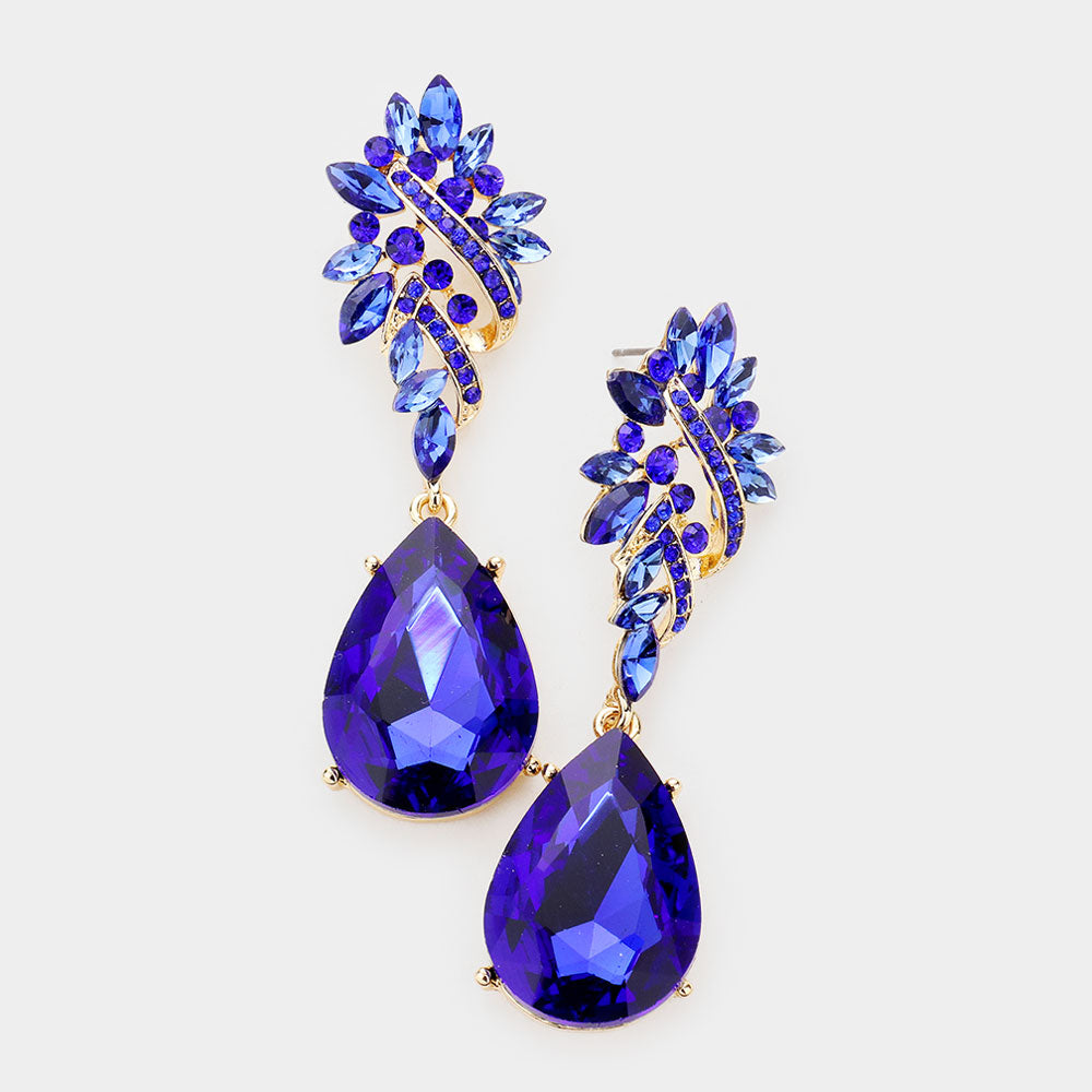 Sapphire Crystal Teardrop Rhinestone Pageant Earrings on Gold | Homecoming Jewelry
