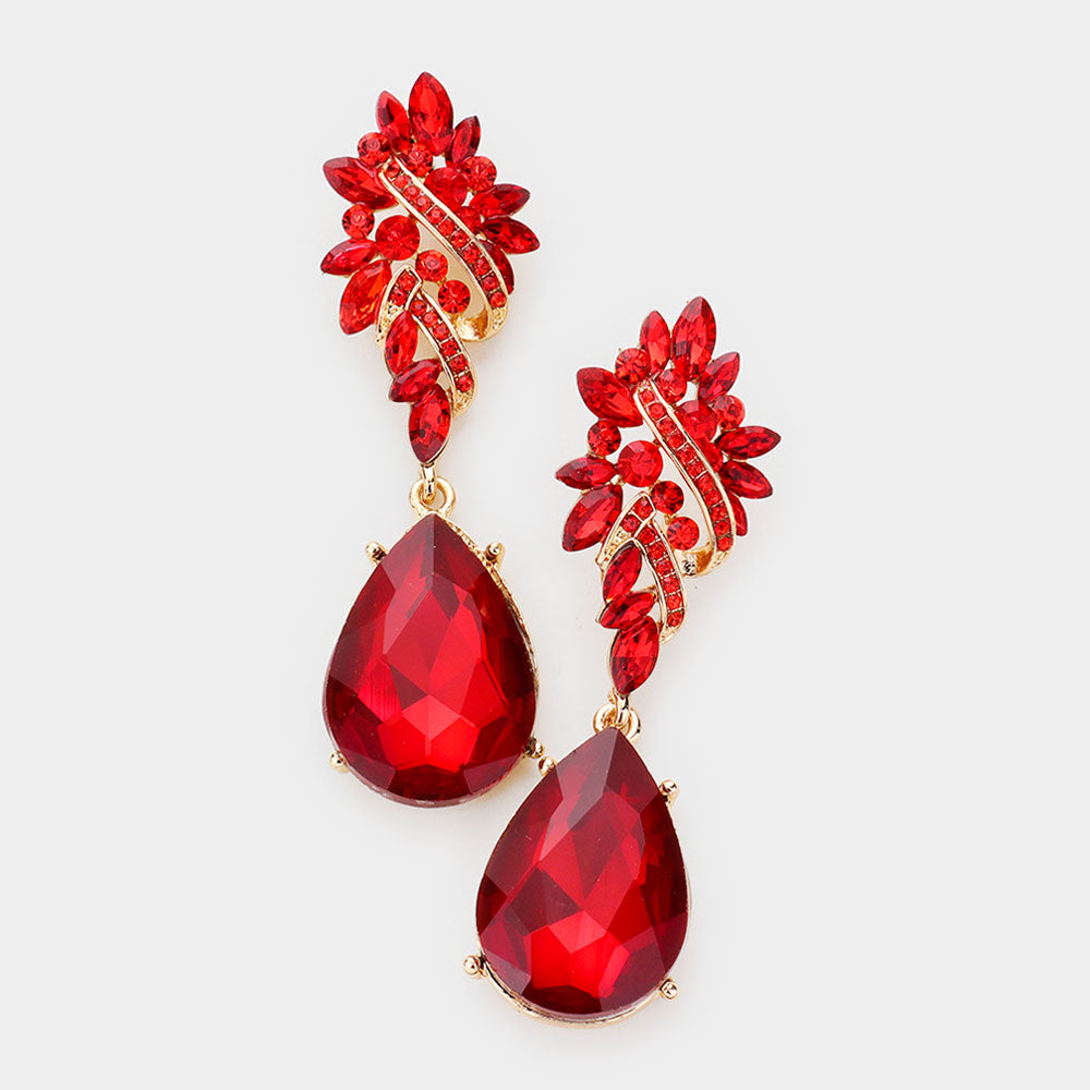 Red Crystal Teardrop Rhinestone Pageant Earrings on Gold| Homecoming Jewelry