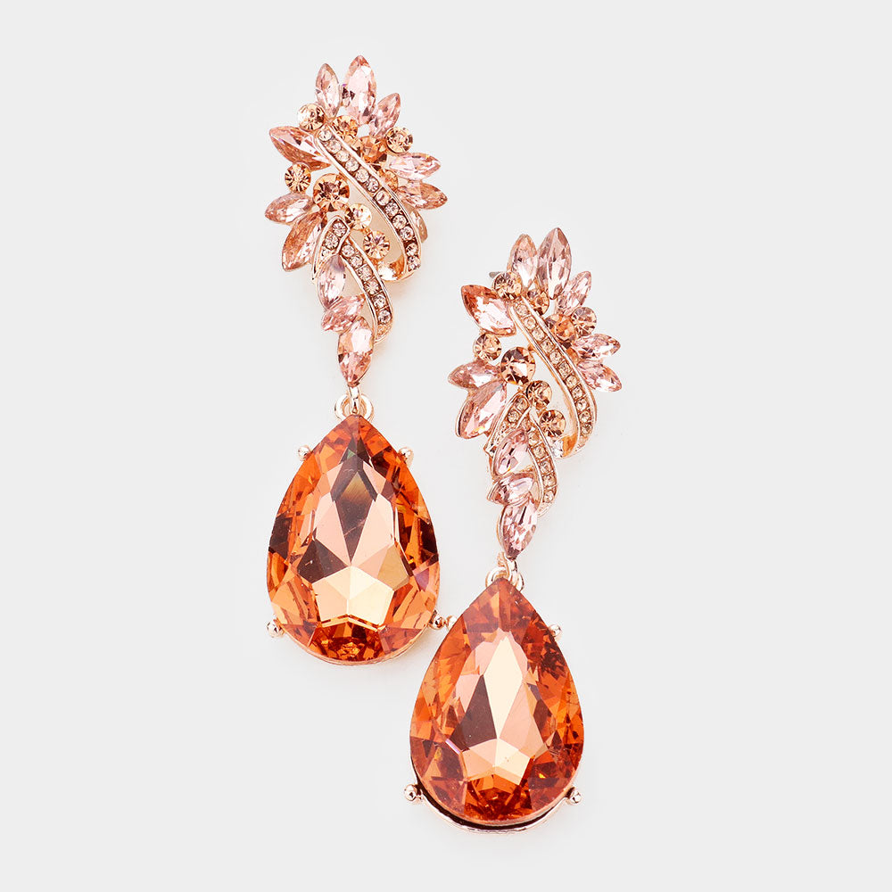 Peach Crystal Teardrop Rhinestone Pageant Earrings | Homecoming Jewelry