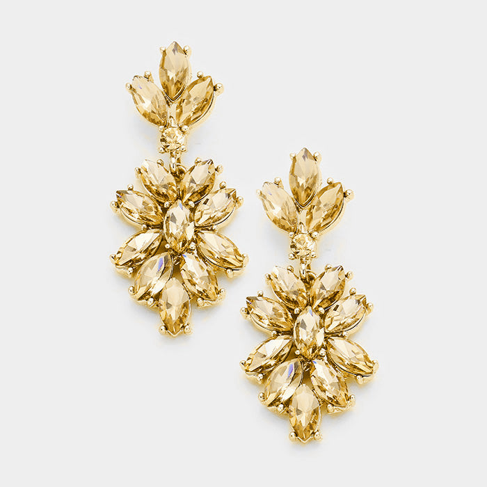 Topaz Crystal Oval Cluster Vine Pageant Earrings on Rose Gold