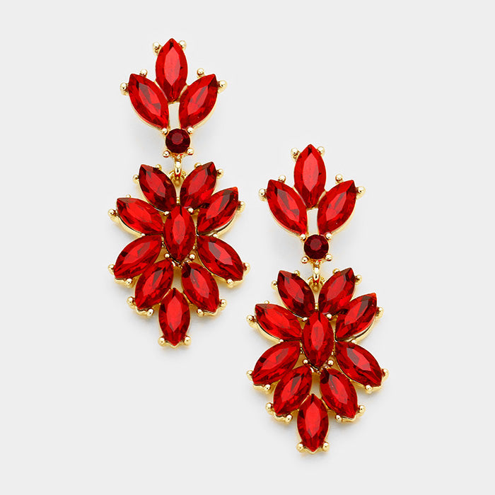 Red Crystal Oval Cluster Vine Pageant Earrings on Gold
