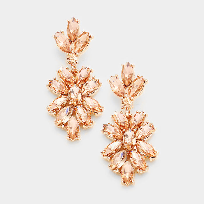 Peach Crystal Oval Cluster Vine Pageant Earrings on Rose Gold
