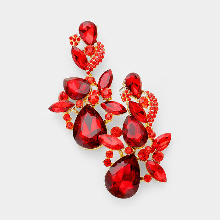 Red Crystal Floral Chandelier Pageant Earrings | Prom Earrings on Gold