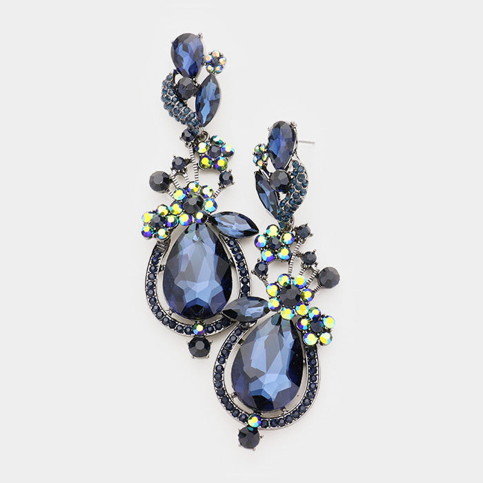 Navy Crystal Floral Vine Evening Earrings 