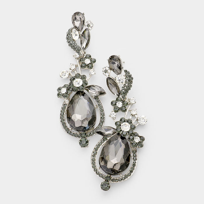 Black Diamond Crystal Floral Vine Earrings