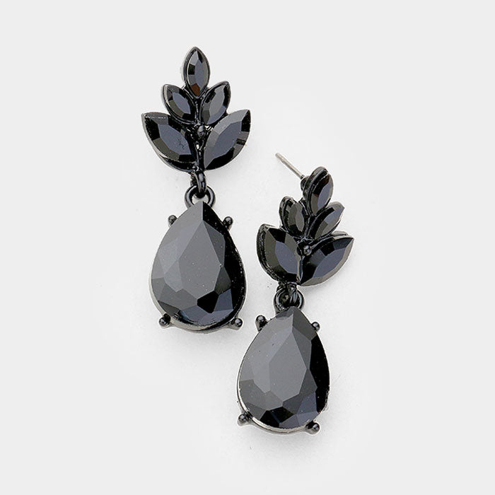 Black Crystal Teardrop Cluster Vine Evening Earrings