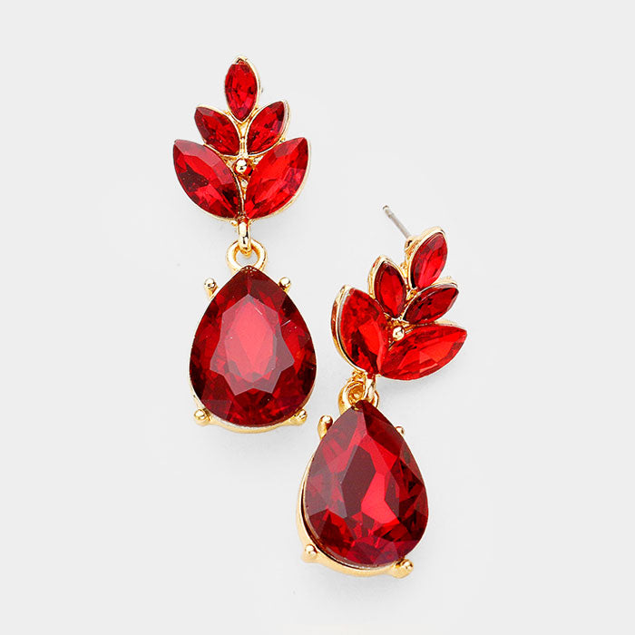 Red Crystal Teardrop Cluster Vine Evening Earrings