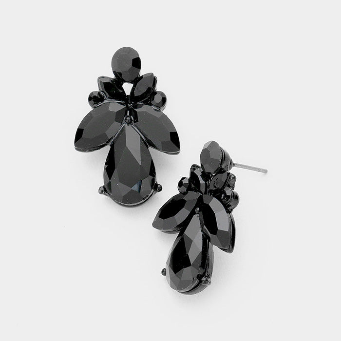 Small Black Crystal Marquise Floral Pageant Earrings | Interview Earrings