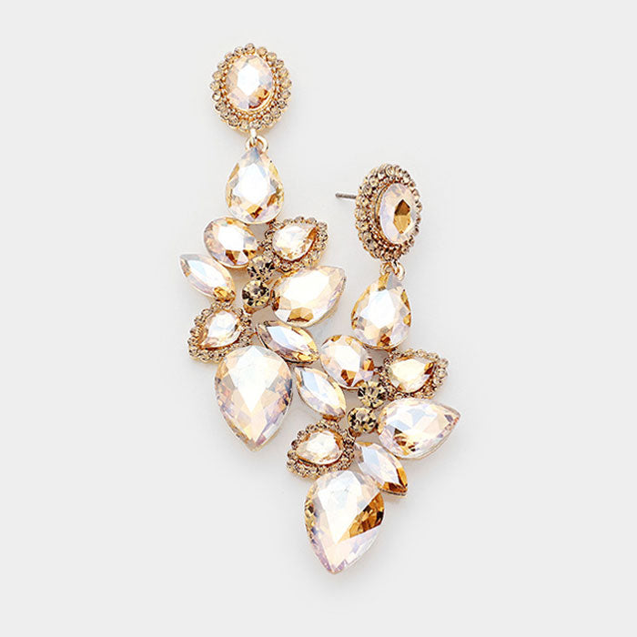 Gold Crystal Teardrop Cluster Dangle Pageant Prom Earrings