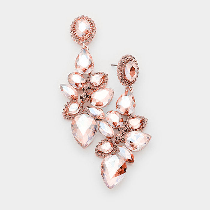 Peach Crystal Teardrop Cluster Dangle Pageant Prom Earrings on Rose Gold
