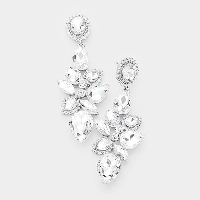 Clear Crystal Teardrop Cluster Dangle Pageant Prom Earrings