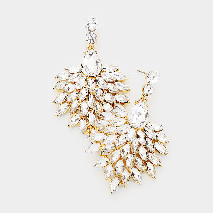 Clear Marquise Crystal Cluster Pageant Drop Earrings  on Gold