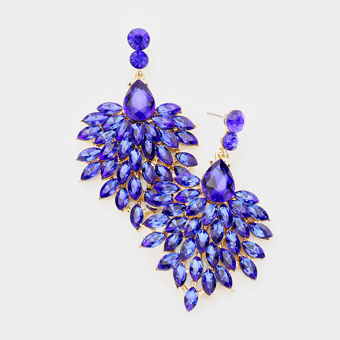 Sapphire Marquise Crystal Cluster Pageant Drop Earrings on Gold