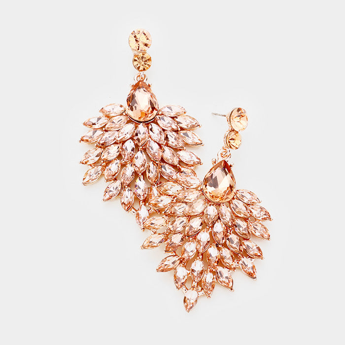 Peach Marquise Crystal Cluster Pageant Drop Earrings 