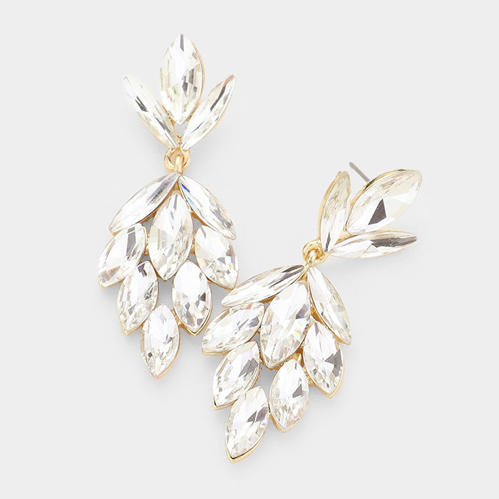 Clear Crystal Marquise Cluster Pageant Earrings on Gold | Prom Earrings