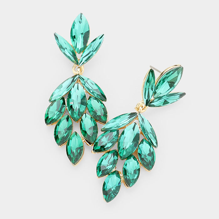 Emerald Crystal Marquise Cluster Pageant Earrings on Gold | Prom Earrings