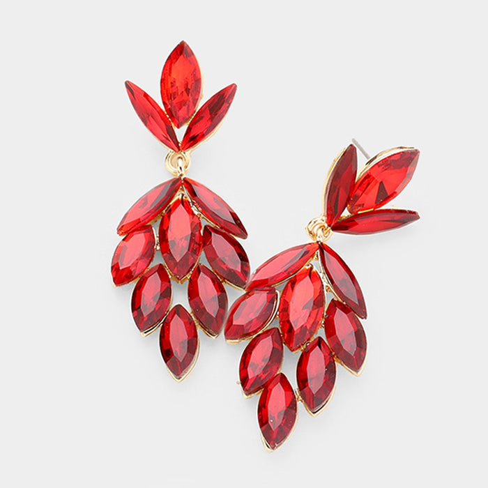 Red Crystal Marquise Cluster Pageant Earrings on Gold | Prom Earrings