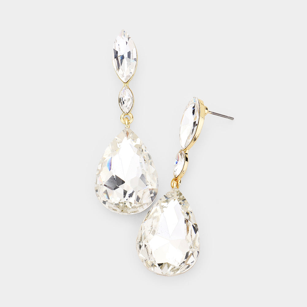 Small Double Clear Crystal Teardrop Earrings on Gold